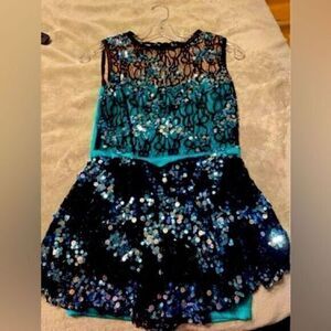 Adult Small 3pc Dance Costume Turquoise & Black With Sequins Fringe Leotard Tap